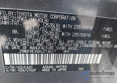 2017 Toyota Rav4 Limited z USA, uszkodzony, nr VIN JTMDFREV6HJ714617